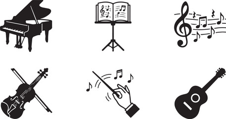 Six black and white music icons set with piano violin guitar and notes Vector © Nur