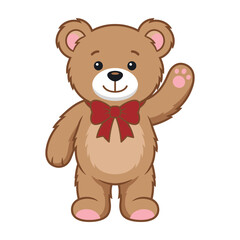 Fototapeta premium Cute brown teddy bear waving with red bow tie on white background smiling friendly