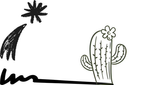 Hand-drawn flowering cactus doodle with shooting star and comet in desert night sky, vector line art