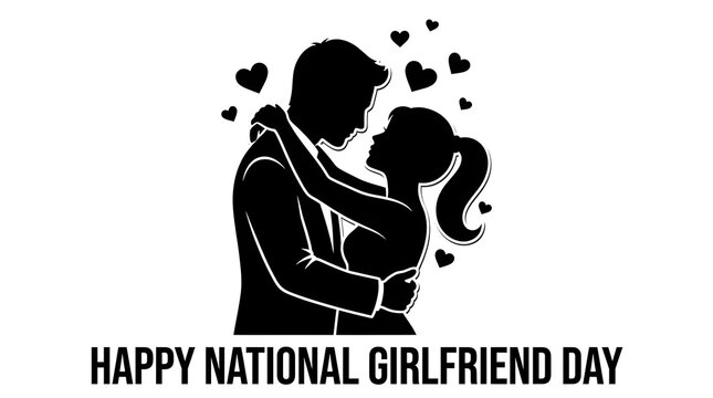 Romantic black silhouette vector illustration of a loving couple embracing with floating hearts celebrating National Girlfriend Day .silhouette degin .silhouette degin 