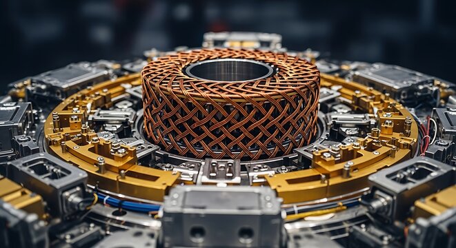 Complex industrial device with metallic components, wires, and circular designs