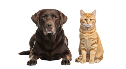 Naklejka premium A studio portrait of a brown labrador retriever dog lying down next to a sitting orange tabby cat, both looking forward, isolated on a white background isolated on a transparent background