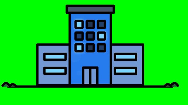Animated blue office building with green screen background.
