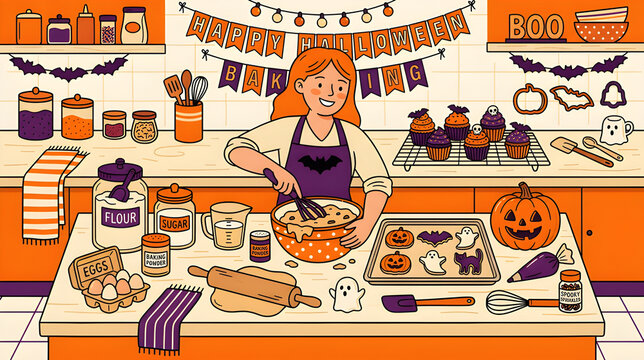 Girl Baking Halloween Cookies in Decorated Kitchen Scene Vector