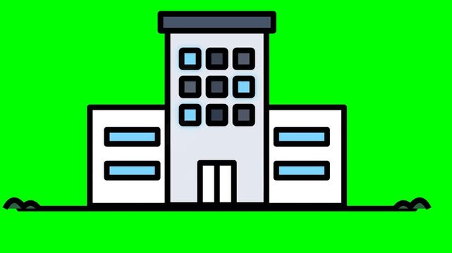 Animated building with windows on a green screen background.