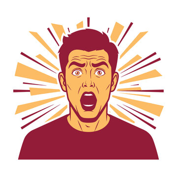 Shocked man with open mouth and expressive facial expression in front of burst