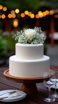 Two-tier wedding cake on a wooden stand with white rose and floral decoration near empty wine glasses at a reception with warm bokeh lights in the background