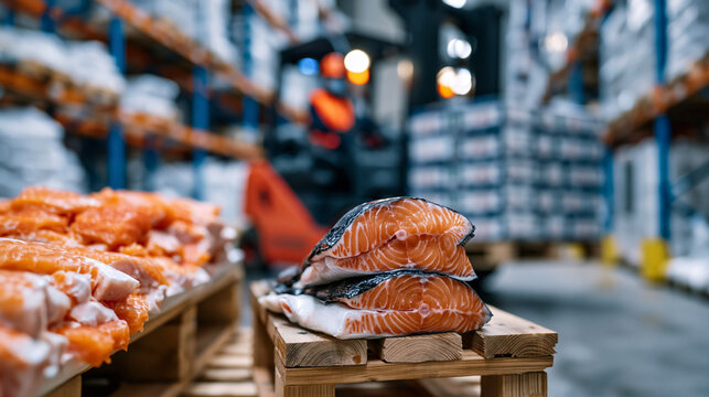 Workers loading fresh seafood inside a refrigerated warehouse, forklift driver transporting stacked fish boxes between tall metal storage racks, frozen salmon fillets arranged on wooden pallets, ind