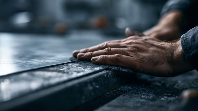 Medium shot showing skilled worker hand deburring edges of a trimmed metal panel ensuring smooth finish and quality craftsmanship in a workshop setting.