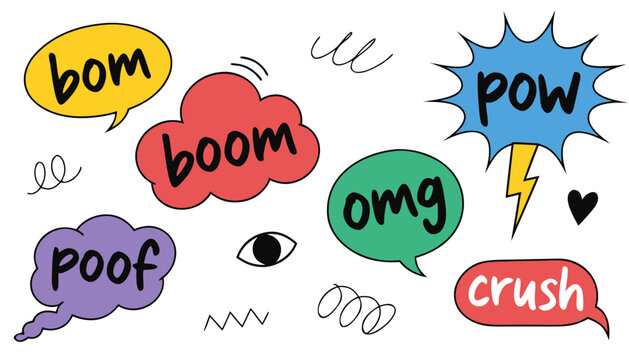 Set of hand drawn elements doodle comics isolated on white background. Speech bubbles with the words bom, boom, pow, poof, omg, crush white background .vector
