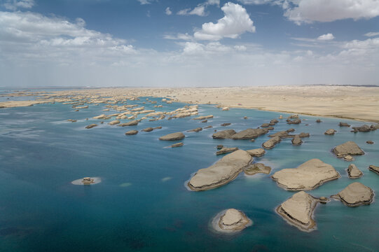 Aerial Panorama of Wusute Water Yadan: "West Sea Fleet" Formations and Deep Blue Lake in Qaidam Basin
