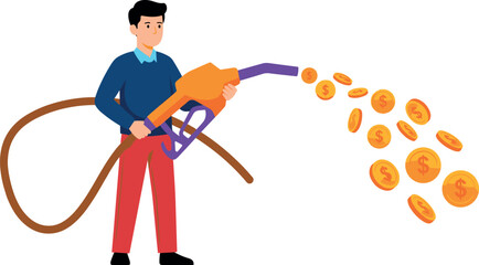 Fototapeta premium Man Spraying Dollar Coins from Gas Pump Nozzle Vector Concept for Rising Fuel Prices, Cost of Living, and Inflation Media Designs