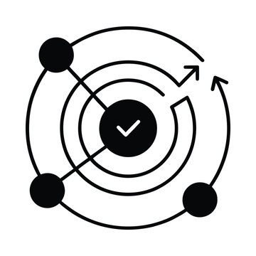 Circular target icon with checkmark and orbiting dots black silhouette style