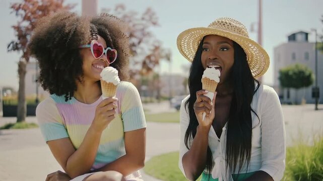 Two friends enjoy ice cream on a sunny day in a park