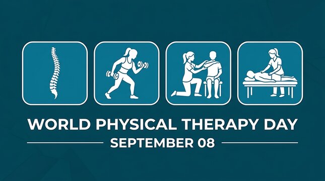 World physical therapy day banner showing icons of spine exercise therapy