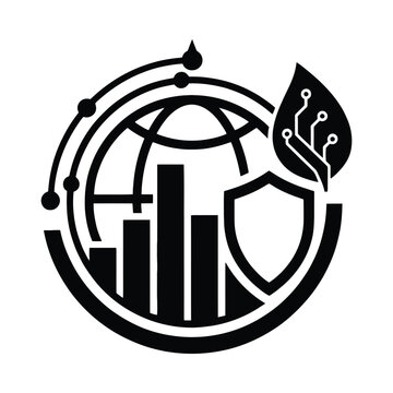 Globe Bar Graph Shield And Leaf Silhouette With Circuitry Black And White