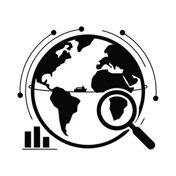 Globe with magnifying glass and network connections black silhouette on white background