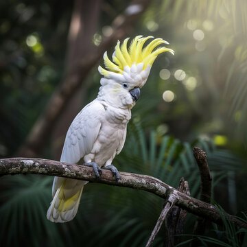 Sulphur crested cockatoo perched on a branch bird parrot