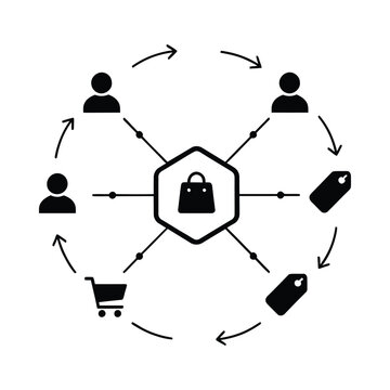 Customer shopping cycle illustration featuring a shopping bag cart and gift tags