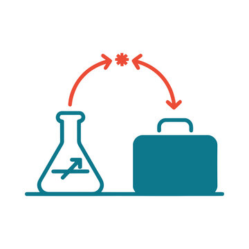 Flask And Briefcase Illustration With Arrows Teal And Red Color Scheme
