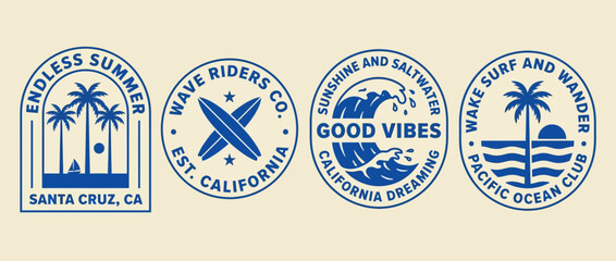 Retro California Night Surf Beach Badge Logo Set with Palm Trees Moon Surfboards Waves for Coastal Lifestyle Apparel Branding and Graphic Design Projects