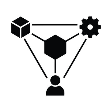 Network connection diagram with cube hexagon gear and person silhouette on white