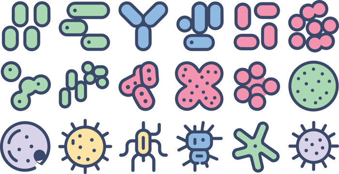 Microbiology Bacteria and Virus Vector Icon Set featuring Pastel Colored Germs Microbes Cells and Pathogens for Medical and Scientific Lab Designs
