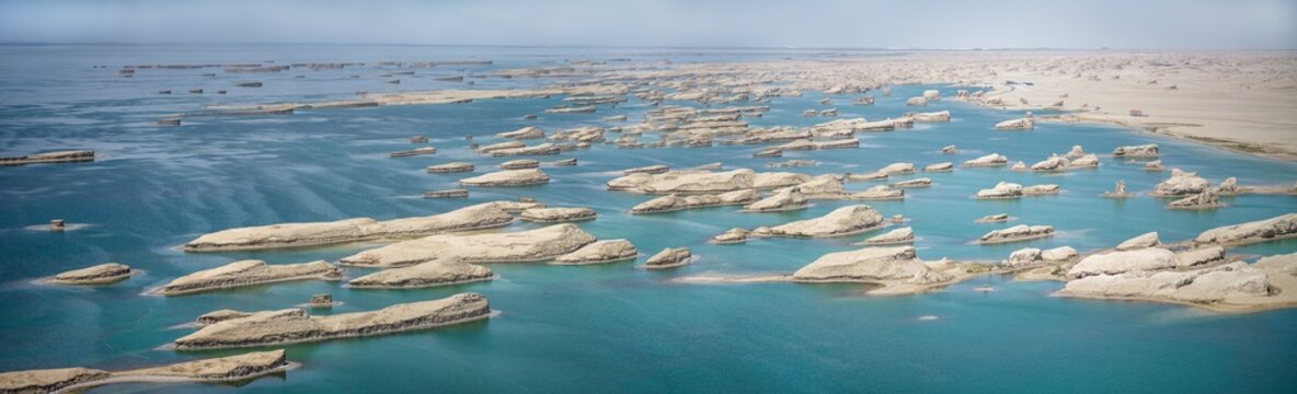 Aerial Panorama of Wusute Water Yadan: "West Sea Fleet" Formations and Deep Blue Lake in Qaidam Basin