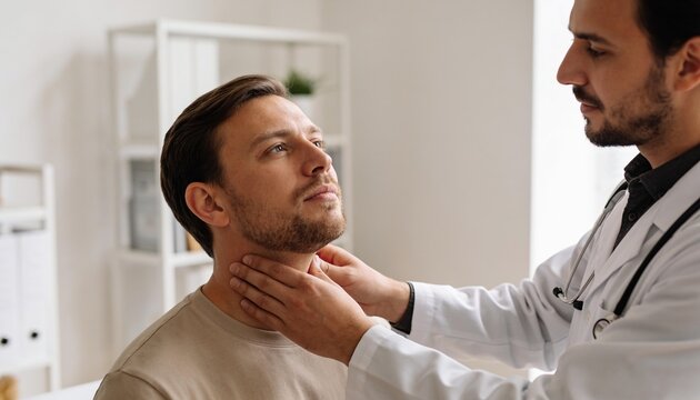 Palpating doctor checking seated patient neck in clinic, white coat, stethoscope, beige tee