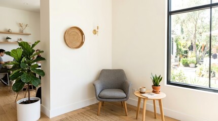 Fototapeta premium A cozy living room with a white wall, a gray armchair, a wooden coffee table, and a potted plant on the windowsill.