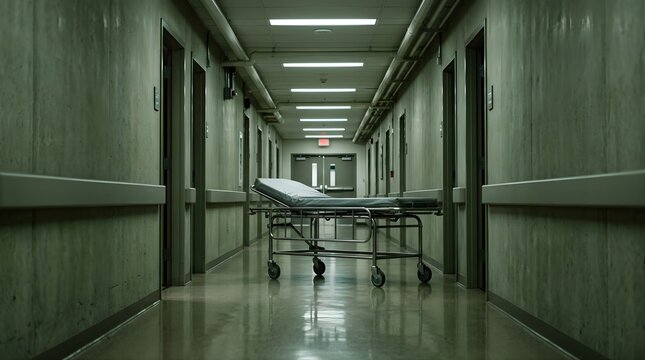 Empty hospital hallway with a medical gurney in a dimly lit corridor