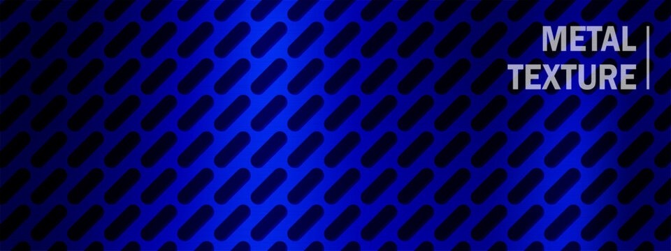 Perforated blue background with plate texture black and metal hole mesh. Pattern grate board with micro grid dark and grill material realistic. Texture pegboard perforated with plate steel screen.