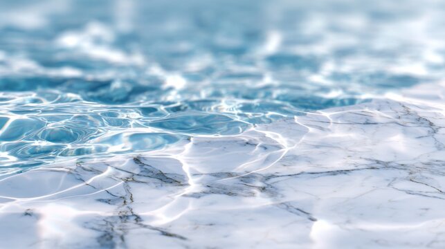 Clear blue water ripples flowing over a textured white marble surface with light reflections