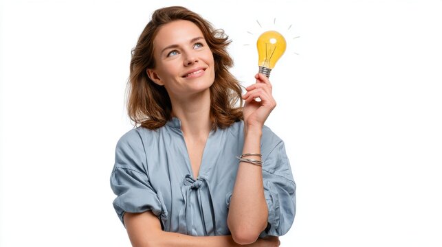 Smiling woman holding a glowing light bulb above her head representing a bright new idea