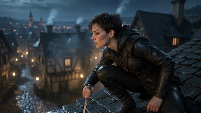 A hooded rogue crouches with a dagger in a cinematic style on a moonlit medieval rooftop, concept of stealth and danger