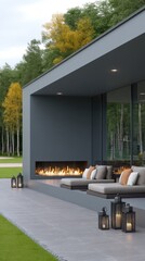 Obraz premium Modern outdoor patio features a linear fireplace, large chaises, and natural backdrop of trees with bright leaves in a stylish design at day