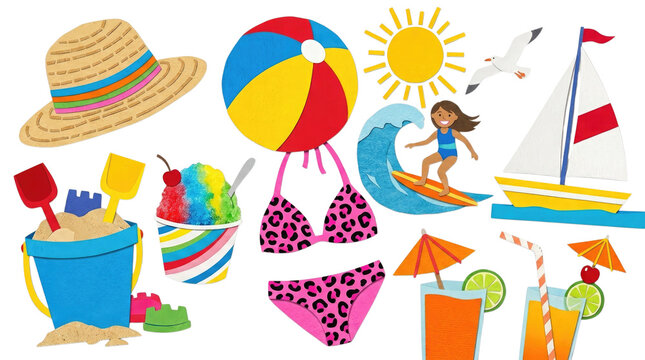 Colorful summer vacation elements collection isolated on transparent background