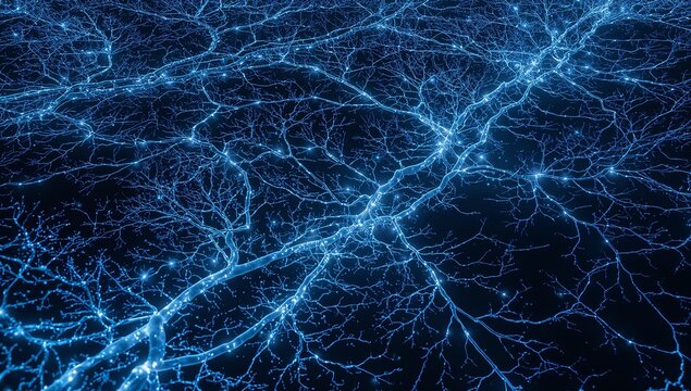 Glowing neural network showing trunk branches and fine filaments in dark void, with luminous nodes