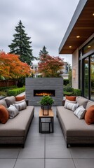 Obraz premium Contemporary outdoor living space with linear fireplace and comfortable daybeds surrounded by autumn trees