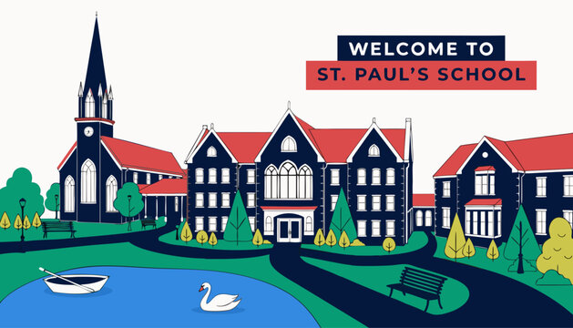 Very beautiful realistic vector illustration of a historic American school featuring a bold welcome label reading "WELCOME TO ST. PAUL'S SCHOOL", Gothic-inspired academic buildings, peaceful lake, tre