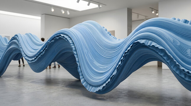 Premium quality 3d illustration of powder blue soft-touch plastic undulating in smooth, continuous waves, detailed with fine debossed lines and subtle ruffles under bright gallery lighting.