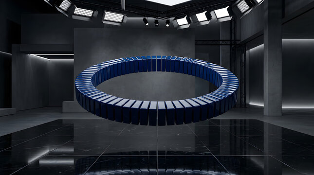 Architectural 3d composition of an immaculate circle built from glossy midnight-blue plastic rectangular prisms, hovering over a highly reflective black marble floor, studio lighting, commercial grad