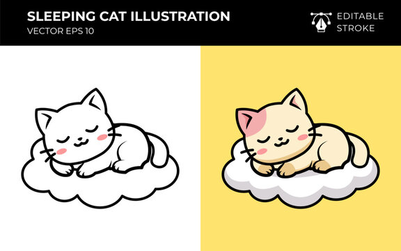 Adorable kawaii sleeping cat illustration with editable line and color versions. Perfect for nursery decor, baby products, stickers, children's books, and printable designs