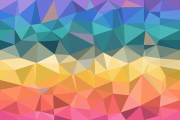 Fototapeta premium Abstract geometric polygon pattern in teal, blue, orange, and pink, creating a modern colorful mood with clean backdrop space for presentations and designs.