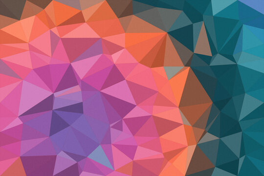 Vivid low-poly geometric polygons in purple, pink, orange and teal create an energetic abstract backdrop for tech, creative, and marketing designs.