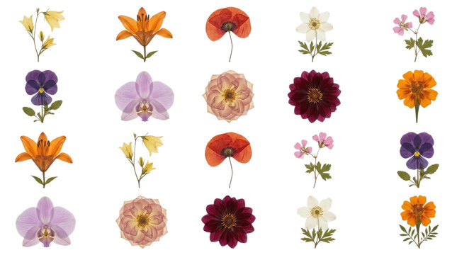 Assorted pressed flowers collection isolated on transparent background for design projects