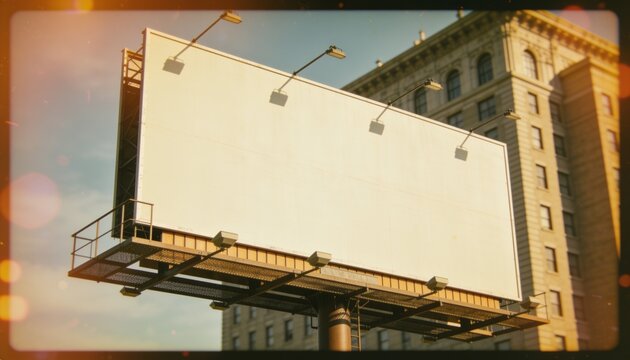 Displaying blank billboard mounted on steel column at urban street, with catwalk, ladder, lights