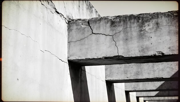 Framing foreground concrete beam displaying long crack on rooftop terrace, with repeating lintels
