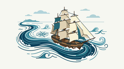 Vintage Sailing Ship Navigating Through Rough Ocean Waves Illustration © Tom