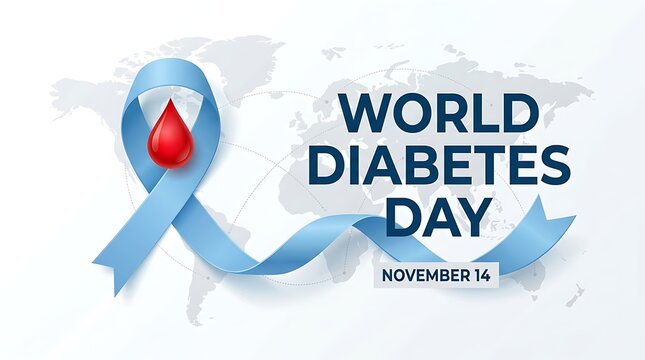 World diabetes day awareness campaign with blue ribbon and red blood drop
